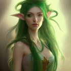 Fantasy illustration of female elf with vibrant green hair, pointed ears, and nature-themed armor.