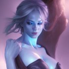 Mystical female elf digital art portrait with blue skin, eyes, pointed ears, and silver hair