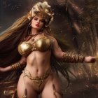 Fantasy female warrior with brunette hair in golden armor in enchanted forest