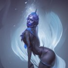 Ethereal fantasy figure with white hair and blue skin on glowing backdrop