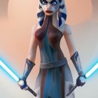 Cosplayer in Ahsoka Tano costume wields lightsabers on warm backdrop