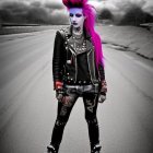 Vibrant Purple Mohawk Punk Person on Road