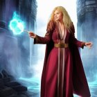 Blond Sorceress in Red and Gold Robe with Magical Orb in Cavern