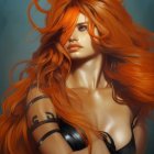 Digital artwork featuring fierce female character with fiery orange hair and golden arm accessories