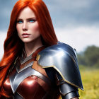 Red-haired woman in medieval armor on grassy field - Digital Art