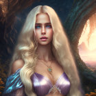 Blonde-haired elf in purple outfit in mystical forest at sunset