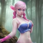 Digital artwork: Female elf with pink hair in purple fantasy outfit in misty forest