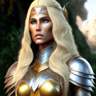 Blonde Elf in Silver and Gold Armor in Sunlit Forest