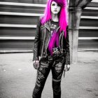 Vivid Pink Hair Punk Rock Outfit with Leather Jacket & Studded Accessories