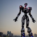 Futuristic blue and black robot against cityscape at dusk