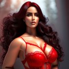 Digital artwork of woman in red lace attire with long, wavy hair