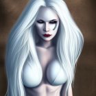 Digital artwork: Woman with long white hair, piercing blue eyes, fair skin, ethereal look against