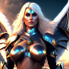 Fantasy warrior woman with white hair in silver armor in desert sunset.