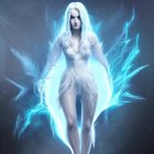 Fantasy illustration of pale-skinned woman in white feathered costume with blue magical energy.