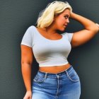 Blonde Woman in White T-Shirt and Blue Jeans Against Grey Wall