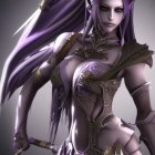 Fantasy Female Warrior with Purple Hair and Elaborate Armor