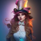 Voluminous Curly Red Hair with Dramatic Makeup and Vintage Flower Hat Portrait