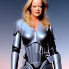 Blonde woman in futuristic silver armor under starry sky