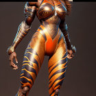 Futuristic warrior woman in metallic gold and black bodysuit with fur accents