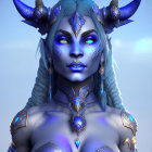 Blue-skinned fantasy character with ornate gold and blue facial markings, large curved horns, and bra