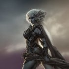 Fantasy female warrior with silver hair and glowing headpiece in intricate armor against dusky sky.