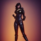 Stylized female character in black latex suit with gold accents on pinkish background