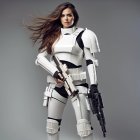 Futuristic person in white armor with blasters on gray backdrop