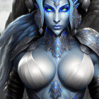 Female warrior digital artwork: silver armor, blue-grey skin, purple eyes, rocky landscape