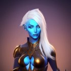 Fantasy female character with blue skin, white hair, pointed ears, yellow eyes, gold-trim