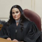 Digital illustration of stern female judge in traditional black robe with lace collar and golden brooch