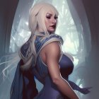 Fantasy elf with white hair, blue eyes, ornate armor in mystical forest.