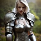 White Curly-Haired Female Warrior in Ornate Silver Armor in Fantasy Forest