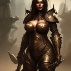 Fantasy woman in dark ornate armor against mystical landscape