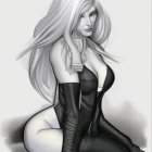 Monochromatic illustration of a woman in bodysuit and gloves posing on knees