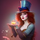 Vibrant Red-Haired Woman in Victorian Outfit with Blue Top Hat