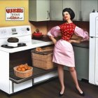 Stylized woman in vintage kitchen with retro pink and red outfit next to open oven.