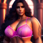 Digital artwork: Woman with long wavy hair in pink lace lingerie top