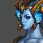 Fantasy character with blue skin and golden headdress