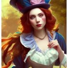 Woman with vibrant makeup and large hat in Mad Hatter style in autumn forest.