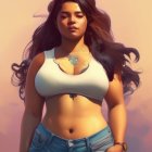 Curvaceous woman in white cropped top and jeans on pink backdrop