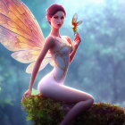 Digital artwork: Fairy with translucent wings on mossy rock, interacting with dragonfly in magical forest.