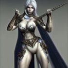 Fantasy elf warrior illustration with white hair and silver armor