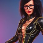 3D illustration of woman in glasses, red lipstick, black armor with gold chains on purple background