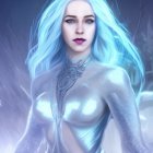 Digital illustration of woman with glowing blue hair, piercing eyes, ethereal skin, and crystalline markings