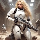 Blonde woman in white futuristic armor with rifle and stormtroopers in background