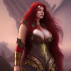 Digital Artwork: Female Warrior in Silver and Gold Armor with Red Hair