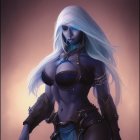 Fantasy female character with long white hair and glowing blue markings in dark armor under starry sky