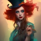 Female Mad Hatter with Red Hair and Green Top Hat