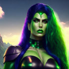 Green-skinned woman with long hair and purple armor under full moon night sky