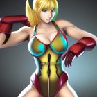 Blonde-haired female character in colorful armored bodysuit poses confidently